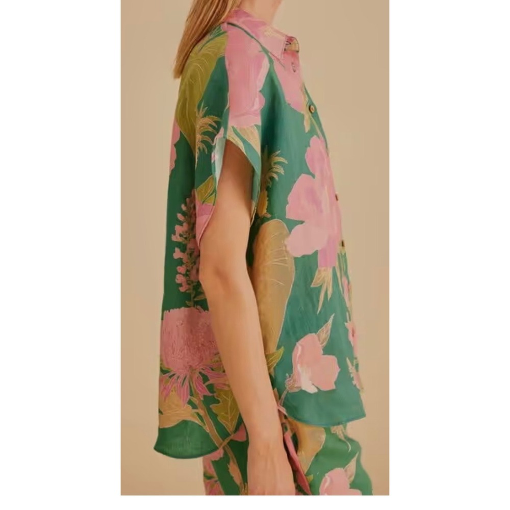 Farm Rio Green Wild Peonies Linen Pants Floral Pineapple Tassel Size L and top - Picture 14 of 16